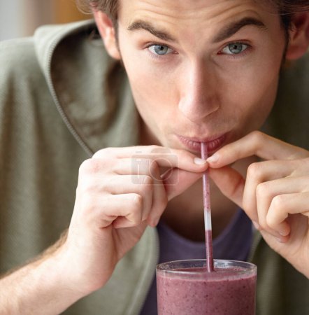 Photo for Man, closeup and health smoothie for breakfast fruit drink, morning fibre or healthy detox choice. Male person, portrait and straw for diet liquid shake organic taste, vegan or nutrition raw vitamin. - Royalty Free Image