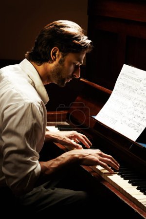 Photo for Profile, musician and man with piano, artist and music with sound, audio and creative with performance. Person, player and entertainment with jazz, performer and listening with celebration or hearing. - Royalty Free Image