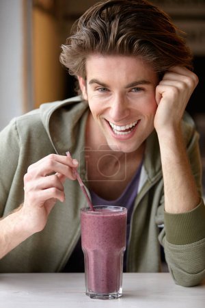 Photo for Man, smile and portrait for smoothie health nutrition, diet groceries or juice fruit. Male person, closeup and breakfast berry shake or organic wellness for vegan fibre, weight loss or balance choice. - Royalty Free Image