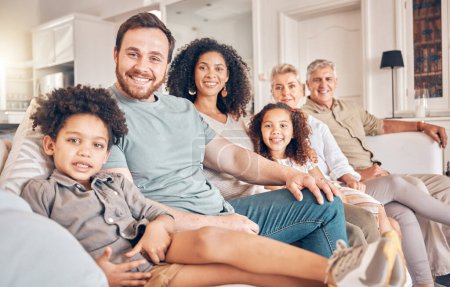Photo for Happy big family, portrait and sofa together for holiday weekend, break or bonding in relax at home. Parents, grandparents and children smile in happiness for quality time on couch in living room. - Royalty Free Image