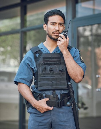Photo for Man, radio and a security guard or bodyguard outdoor on in a city with communication. Safety officer person with a walkie talkie at a building to report crime for investigation and surveillance. - Royalty Free Image