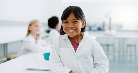Photo for Portrait, girl and child in laboratory for science, knowledge or learning about chemistry with smile and lab coat. Face, student and kid with happiness in classroom, workshop or academy for education. - Royalty Free Image