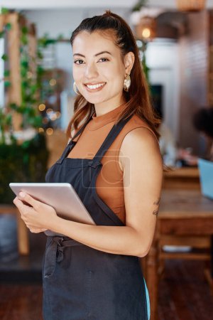 Photo for Restaurant, tablet and portrait of woman or small business owner, e commerce and cafe or coffee shop management. Happy waitress or young person with sales, profit and digital technology for startup. - Royalty Free Image