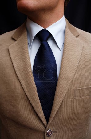 Photo for Closeup, suit and tie for business man, corporate fashion and professional style by black background. Entrepreneur, workplace clothes and zoom on fabric, material or trendy shirt for employee person. - Royalty Free Image