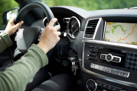 Photo for Hands, car interior and digital map on dashboard screen, travel and road trip with person driving and transportation. Navigation, automobile and technology with network, journey and adventure. - Royalty Free Image