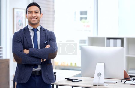 Photo for Corporate, arms crossed and portrait of business man in office for happy, professional and pride. Happiness, smile and entrepreneur with male employee for mission, natural and management. - Royalty Free Image
