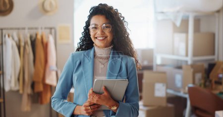 Photo for Portrait, boxes and woman with a tablet, ecommerce and smile with connection, internet and delivery. Face, person and employee with digital app, shipping or company website with online order and tech. - Royalty Free Image