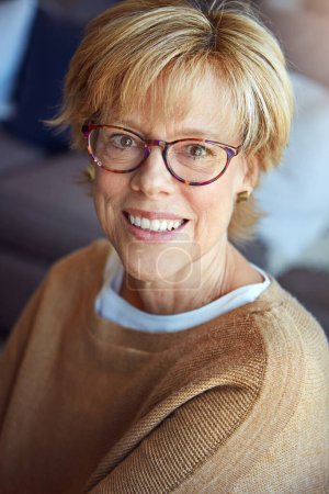 Photo for Mature, relax or portrait of happy woman in glasses in house living room with freedom, pride for resting break. Apartment, face or senior person with smile or wellness in retirement, lounge or home. - Royalty Free Image