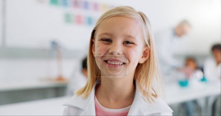 Photo for Science, school and portrait of girl in classroom for chemistry lesson, knowledge and learning with smile. Laboratory, student and face of happy child for education, academy and studying on campus. - Royalty Free Image