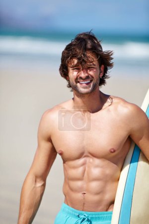 Photo for Beach portrait, surf and strong man on sports holiday adventure, travel vacation or nature freedom for fresh air. Surfing training, fitness or summer athlete ready for surfboard trip, journey or swim. - Royalty Free Image