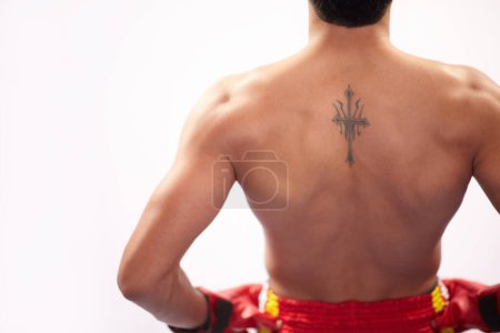 Photo for Sports, strong back or mma person, boxer or fighter ready for muay thai contest, competition or fight challenge. Muscle, battle or studio athlete training, fitness or boxing pride on white background. - Royalty Free Image