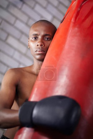 Photo for Sports portrait, punching bag or black man, boxer or fighter training for muay thai contest, kickboxing competition or challenge. Gym, exercise and athlete ready for workout, fitness or boxing fight. - Royalty Free Image