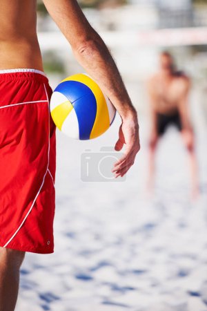 Photo for Beach sand, hand or sports person with volley ball for game, competition or nature challenge. Volleyball practice, closeup or athlete fitness match, exercise or contest with player, opponent or rival. - Royalty Free Image