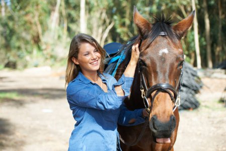 Photo for Happy woman outdoor with horse, animal and equestrian with riding, countryside and ranch. Sports, recreation and farm, young rider in nature, stable and jockey with mare or pet, training for rodeo. - Royalty Free Image