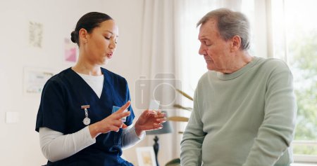 Photo for Pills, senior man and caregiver explain product information, medicine dosage or prescription drugs. Sick client, patient consultation and nurse medical advice on pharmaceutical healthcare supplements. - Royalty Free Image