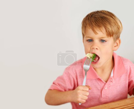 Photo for Child, broccoli or vegetables fork eat for healthy nutrition meal, dinner hunger at kitchen table. Male person, kid and hand wall background or fibre lunch for development, youth or organic taste. - Royalty Free Image