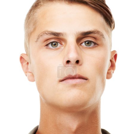 Photo for Serious, portrait or closeup of man with confidence in studio with confidence, pride or healthy skin. Male model, ready or face of young male person with attitude alone in Germany on white background. - Royalty Free Image