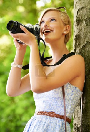 Photo for Happy, photographer and woman in nature with trees, camera and vacation in environment. Forest, park and girl shooting with natural happiness outdoor on summer holiday, trip or travel with technology. - Royalty Free Image