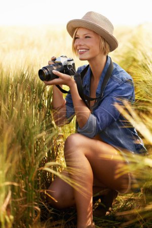 Photo for Woman smile, camera and photography with travel, vacation and holiday with wheat field and plants. Nature, photographer and outdoor with blog and countryside with photo for adventure and journey. - Royalty Free Image