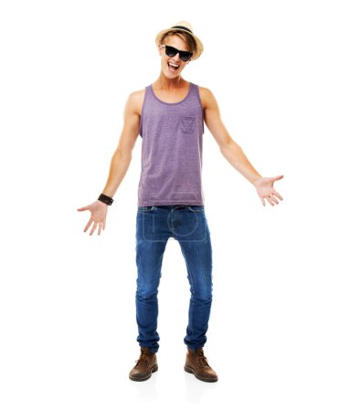 Photo for Casual, fashion and portrait of man on vacation, holiday or happiness in sunglasses with hat. Happy, face or excited person in jeans and tshirt for weekend, break or hipster style in white background. - Royalty Free Image