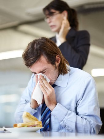 Photo for Businessman, nose blow or office colleague disgusted or sick allergies, flu symptoms or sinusitis at lunch. Male person, woman or job tissue or cold sneeze hygiene, hay fever allergy or virus germs. - Royalty Free Image