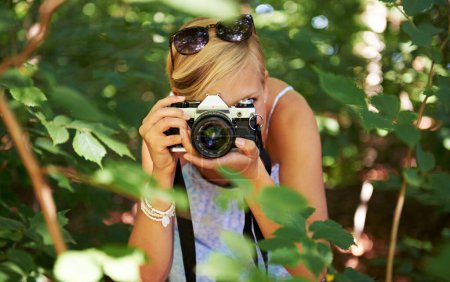 Photo for Camera lens, shooting and photographer with woman in forest for relax, memory and travel photography. Summer, trees and adventure with person in nature for vacation, holiday and environmental tourism. - Royalty Free Image