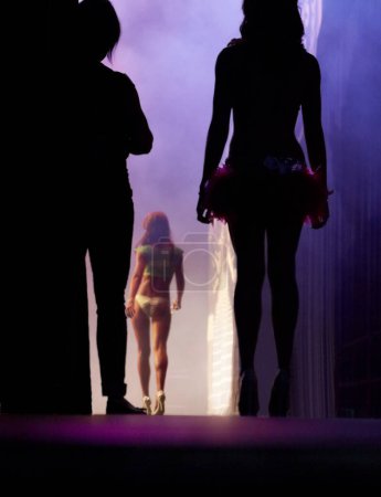 Photo for Waiting, backstage and silhouette of woman in performance of bodybuilding event and show. Model, walking and spotlight on performer on stage with shadow of people in dark, wings or behind the scene. - Royalty Free Image