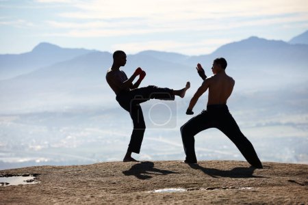 Photo for Karate, kick and and fitness men on mountain top for body, speed or performance training. Martial arts, defense or taekwondo workout by MMA friends in nature for morning cardio, exercise or sports. - Royalty Free Image
