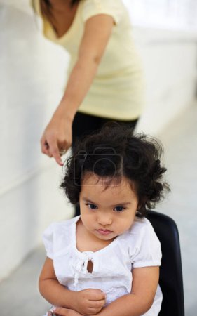 Photo for Young, girl and mother point scold for trouble discipline, childhood behaviour or tantrum. Daughter, chair and sad guilt parent fail or anger toddler authority, difficult child in home for attention. - Royalty Free Image