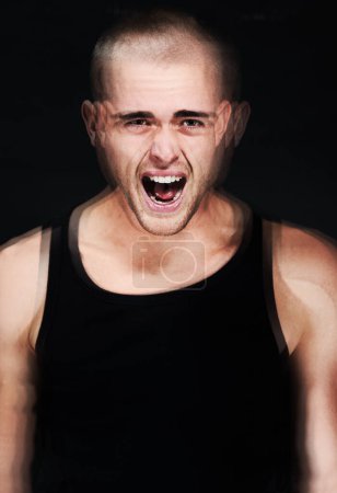 Photo for Stress, blur and portrait of screaming man in studio isolated on a black background. Anger, anxiety and face of person shouting for mental health crisis, psychology or crazy, frustrated or depression. - Royalty Free Image