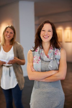 Photo for Smile, arms crossed and portrait of a woman with pride in art, exhibition and work at a gallery. Happy, learning and a museum manager or employee at a job for creativity, teaching and culture. - Royalty Free Image
