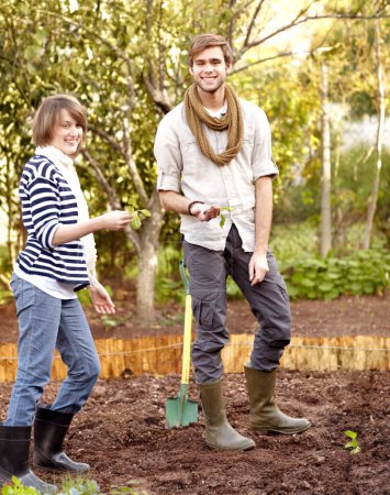 Photo for Portrait, man and woman for garden with agriculture in backyard with seeds, shovel and soil for nature. Happy people, couple or friends with smile for environment, sustainability and green in spring. - Royalty Free Image