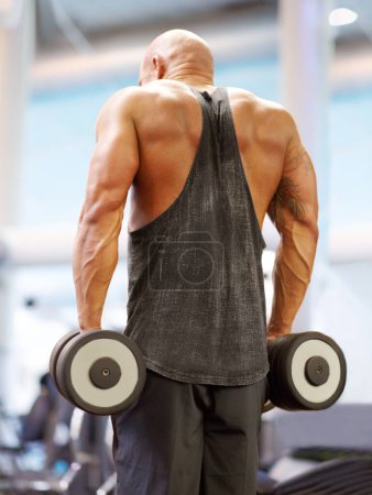Photo for Arm press, man back and dumbbell for fitness at gym with bodybuilder, cardio and muscle at health club. Wellness, athlete and exercise with weight and strain from bodybuilding, sport and workout. - Royalty Free Image