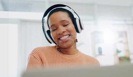 Photo for Happy, excited and black woman with headphones, home and streaming music with happiness. African person, apartment and girl with headset, listening to sound and audio with technology, app and radio. - Royalty Free Image