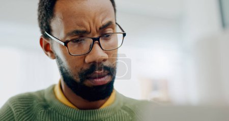 Photo for Thinking, black man and a laptop for remote work, email or reading information online. Connection, confused and an African entrepreneur with a computer for entrepreneurship, freelance job or strategy. - Royalty Free Image