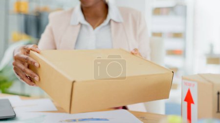 Photo for Hand, person check package and distribution, shipping and small business owner in export and cargo delivery. Supply chain, closeup and box from supplier, ecommerce and logistics industry with courier. - Royalty Free Image