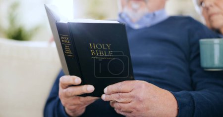 Photo for Hands, reading book or old couple with bible, hope or support in Christianity religion with faith or peace. Closeup, holy prayer or elderly person learning God in spiritual literature in retirement. - Royalty Free Image