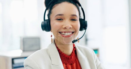 Photo for Call center, woman and portrait with smile, consulting and agent in customer service, headphones or microphone. African person, tech support and happy for FAQ, sales lead and telemarketing with voip. - Royalty Free Image
