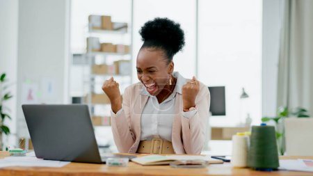 Photo for Happy black woman, laptop and fist pump in winning celebration, promotion or bonus at office. Excited African female person smile on computer for good news, achievement or sale discount at workplace. - Royalty Free Image