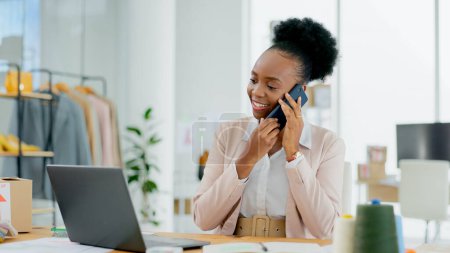 Photo for Fashion, phone call and black woman with a laptop, startup and business with connection with online order. African person, entrepreneur and employee with a pc, smartphone and network with ecommerce. - Royalty Free Image