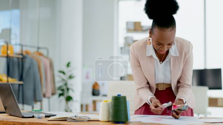 Photo for Black woman, fashion designer and color swatches in planning, strategy or ideas for project at boutique. African female person in small business, plan and palette in clothing design at retail store. - Royalty Free Image