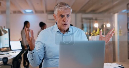 Photo for Shock, senior ceo and man on laptop in office at night for stress, bad news and financial crisis. Mistake, surprise and manager on computer reading email for bankruptcy, tax debt and business fail. - Royalty Free Image
