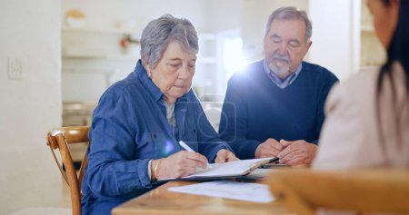 Photo for Will, paper or old couple with contract to sign application or writing on document for life insurance. Senior people, lawyer or client signature for legal form compliance or title deed agreement. - Royalty Free Image