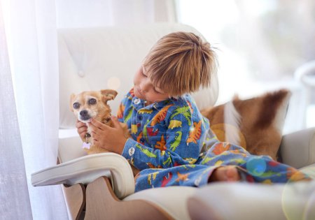 Foto de Sólo somos tú y yo, amigo. Un niño acariciando a su perro en el sofá - Imagen libre de derechos