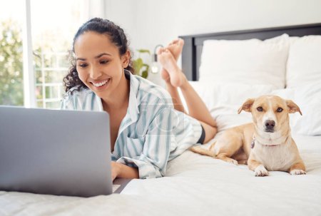 Photo for Home is where my dog is. a young woman using a laptop while relaxing on her bed at home - Royalty Free Image