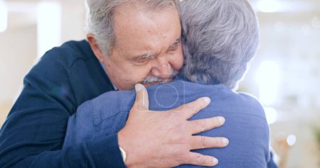 Photo for Comfort, love or old couple hug in home to relax for connection, support, bond with peace. Trust, sorry or elderly people in marriage, house or retirement with commitment, care or affection together. - Royalty Free Image