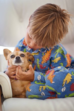 Photo for Growing together, loving together. A little boy petting his dog on the couch - Royalty Free Image