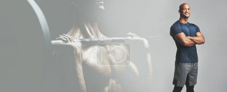 Photo for Portrait, fitness and a man arms crossed on a double exposure banner for motivation as a personal trainer. Exercise, smile and a happy young coach on mockup space for sports marketing or advertising. - Royalty Free Image