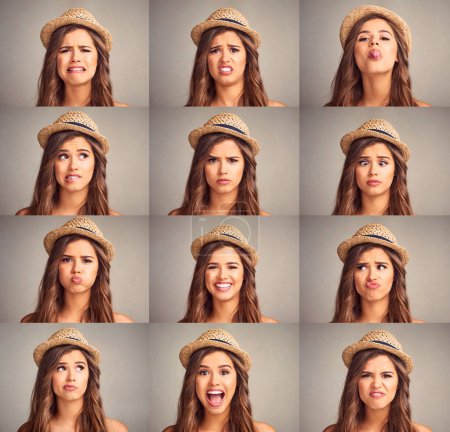 Photo for Different faces for different feelings. Composite studio image of an attractive young woman making various facial expressions against a gray background - Royalty Free Image