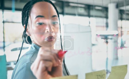 Photo for Woman at glass wall, writing ideas and thinking of business planning, brainstorming or working process. Mind map, creative strategy plan and notes for startup proposal on moodboard at office workshop. - Royalty Free Image